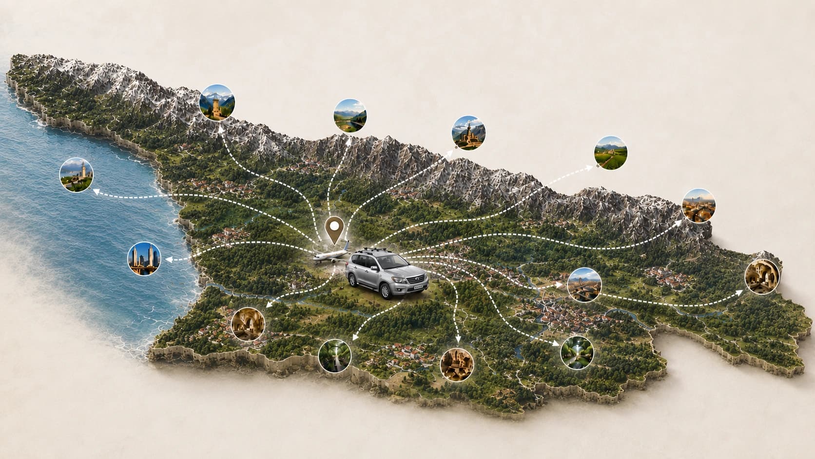 Illustrated map of Georgia with destinations reachable from Kutaisi